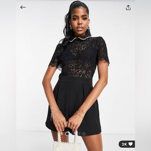 Miss Selfridge lace collared pearl trim 2 in 1 romper in black